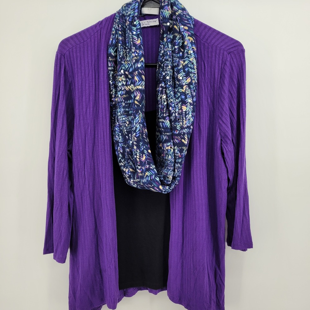 Rebecca Malone Petites Large Office Chic Purple Ribbed Cardigan Set with Scarf